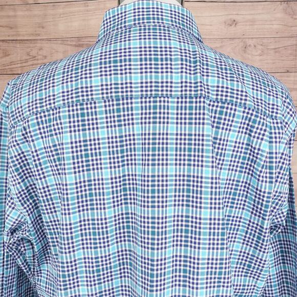 Tattersall London Shirt Mens XL 17-17.5 32/33 Blue Teal Plaid Button Front - Picture 5 of 8